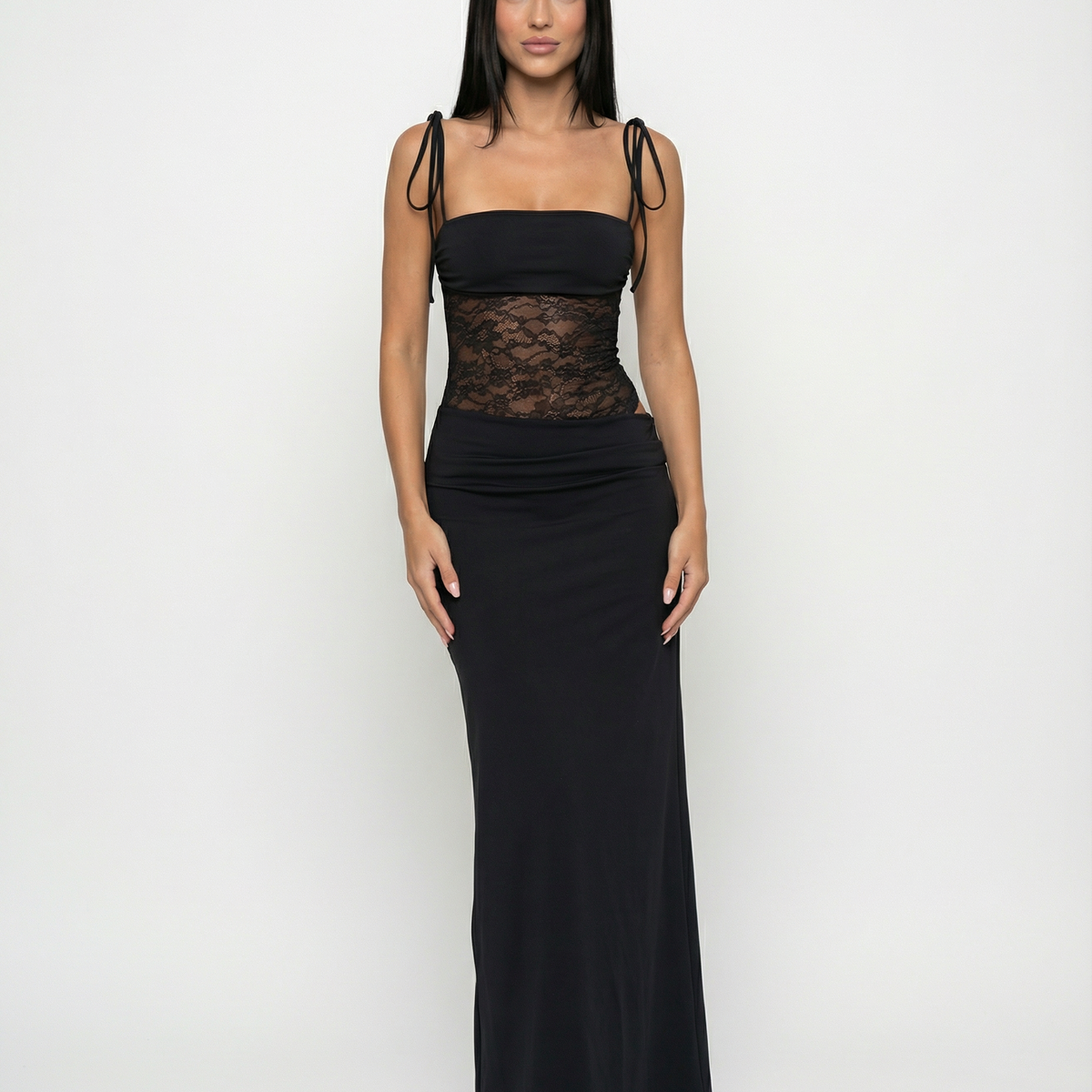 Leah | Lace Panel Tie-Shoulder Maxi Dress