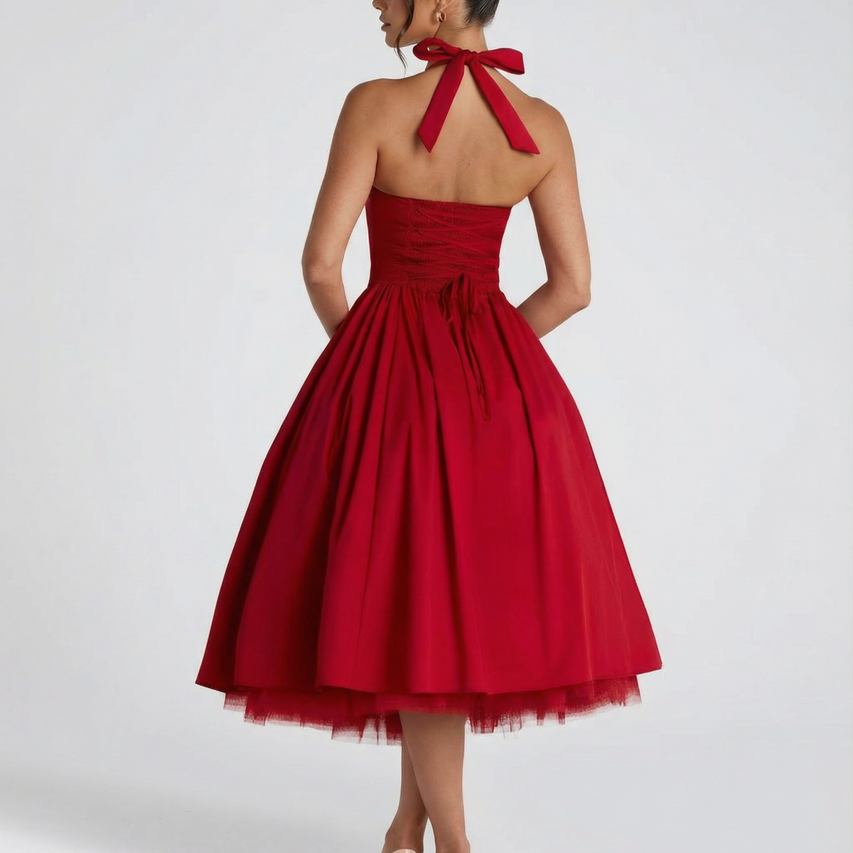 Lena | Midi Halter Neck Lace-Up Back Dress