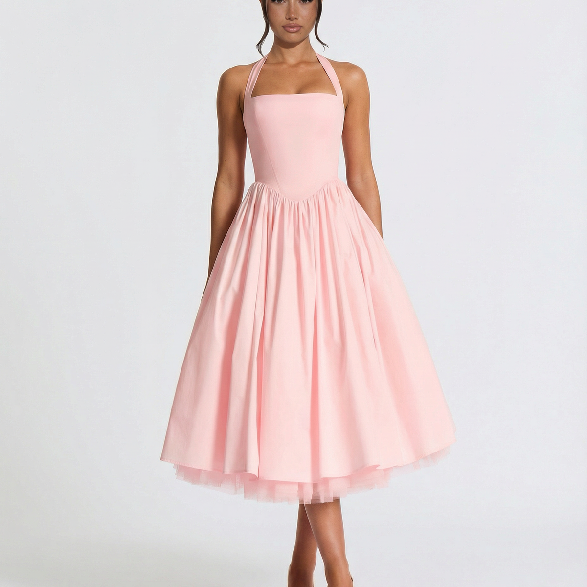 Lena | Midi Halter Neck Lace-Up Back Dress