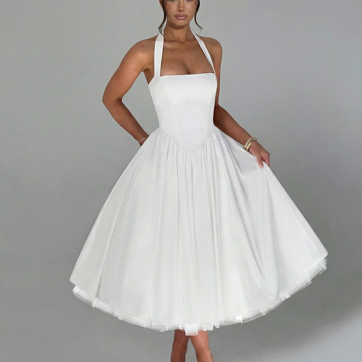 Lena | Midi Halter Neck Lace-Up Back Dress