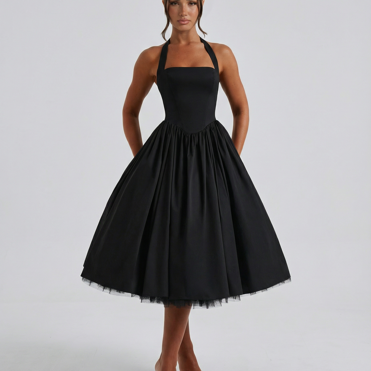 Lena | Midi Halter Neck Lace-Up Back Dress
