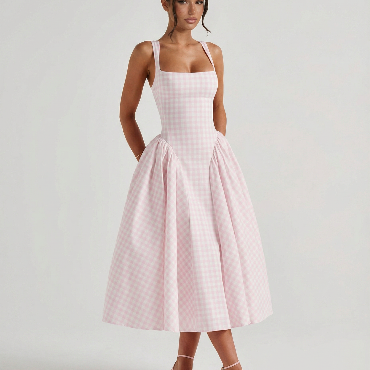 Francesca | Midi Dress with Gingham Corset and Square Neck