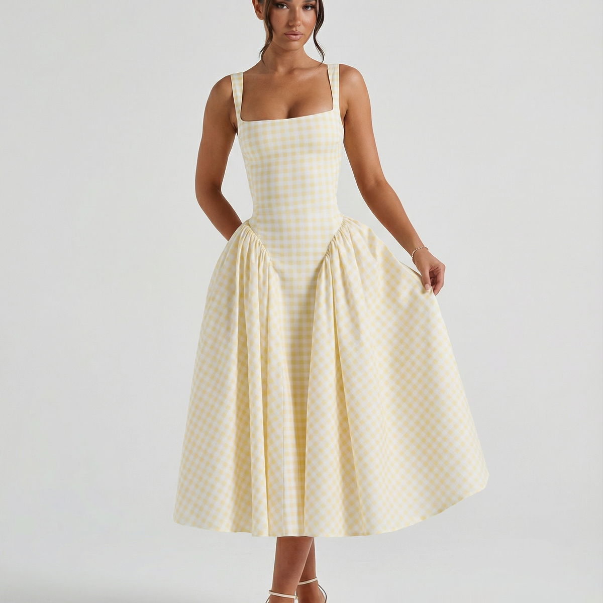 Francesca | Midi Dress with Gingham Corset and Square Neck