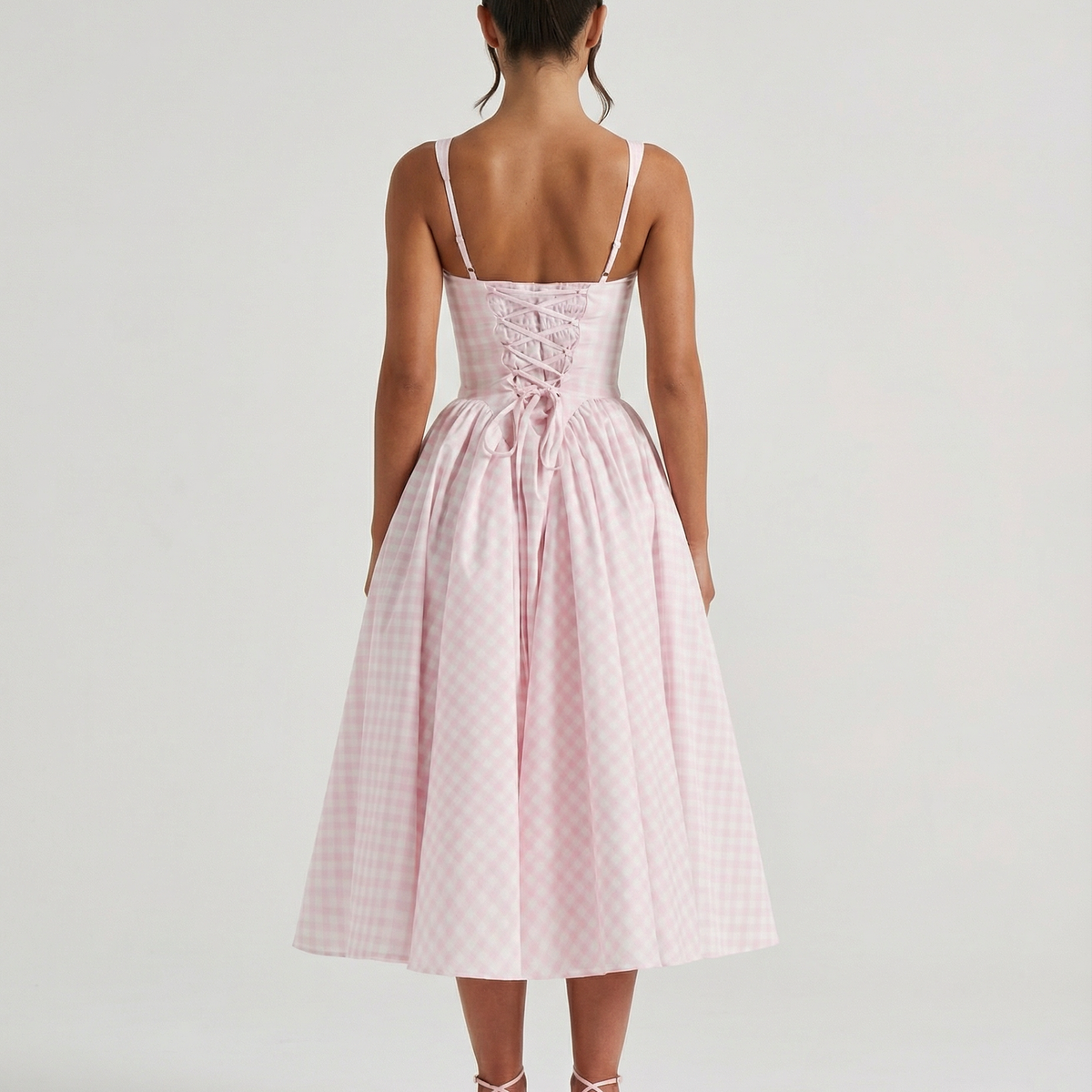 Francesca | Midi Dress with Gingham Corset and Square Neck