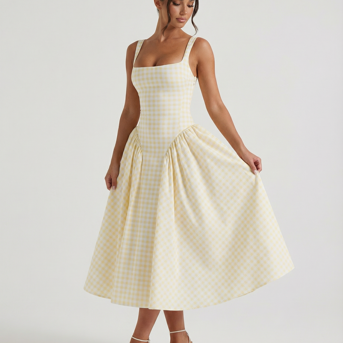 Francesca | Midi Dress with Gingham Corset and Square Neck