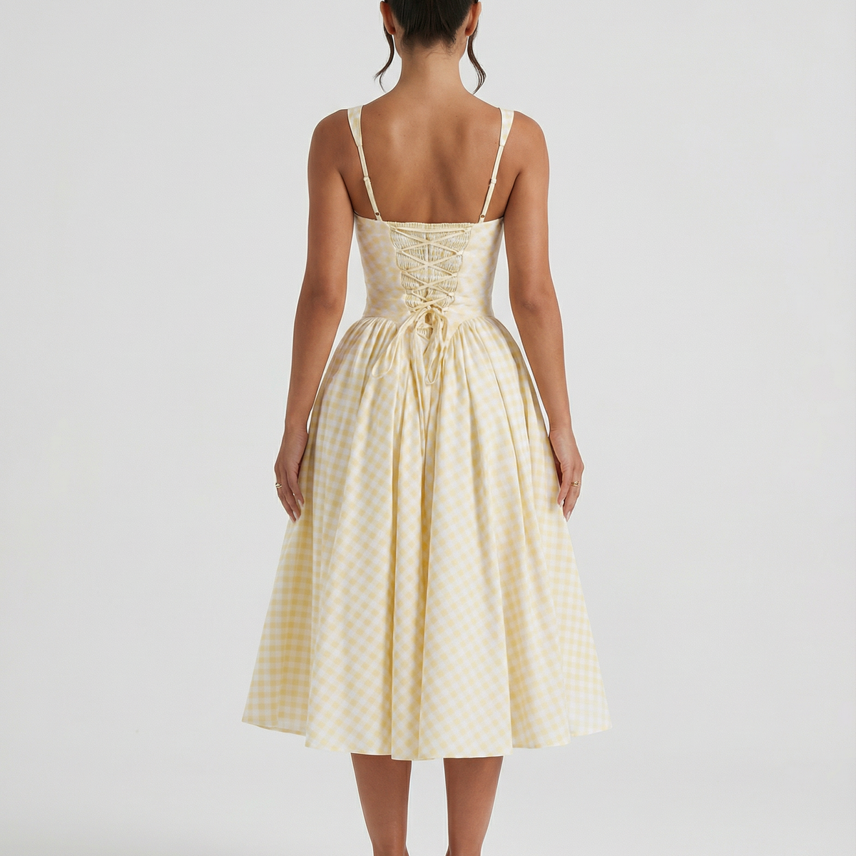 Francesca | Midi Dress with Gingham Corset and Square Neck