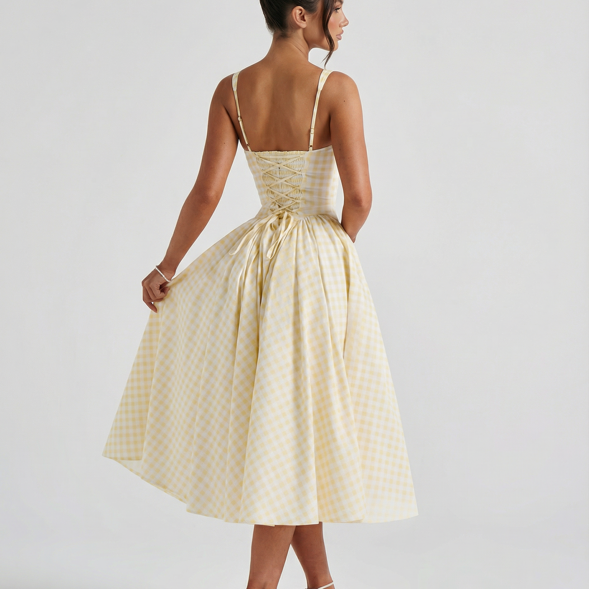 Francesca | Midi Dress with Gingham Corset and Square Neck