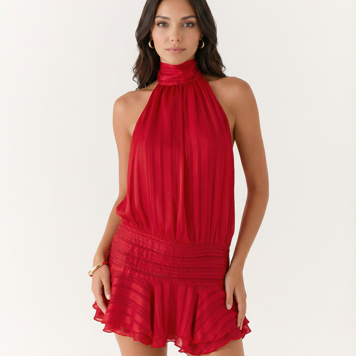 Deborah | Halter Neck Pleated Playsuit with Ruffle Overlay