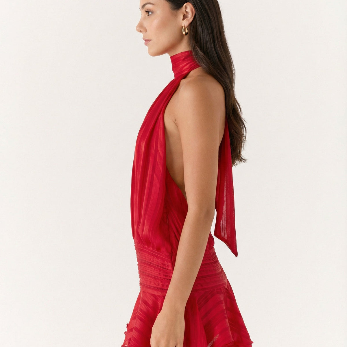 Deborah | Halter Neck Pleated Playsuit with Ruffle Overlay