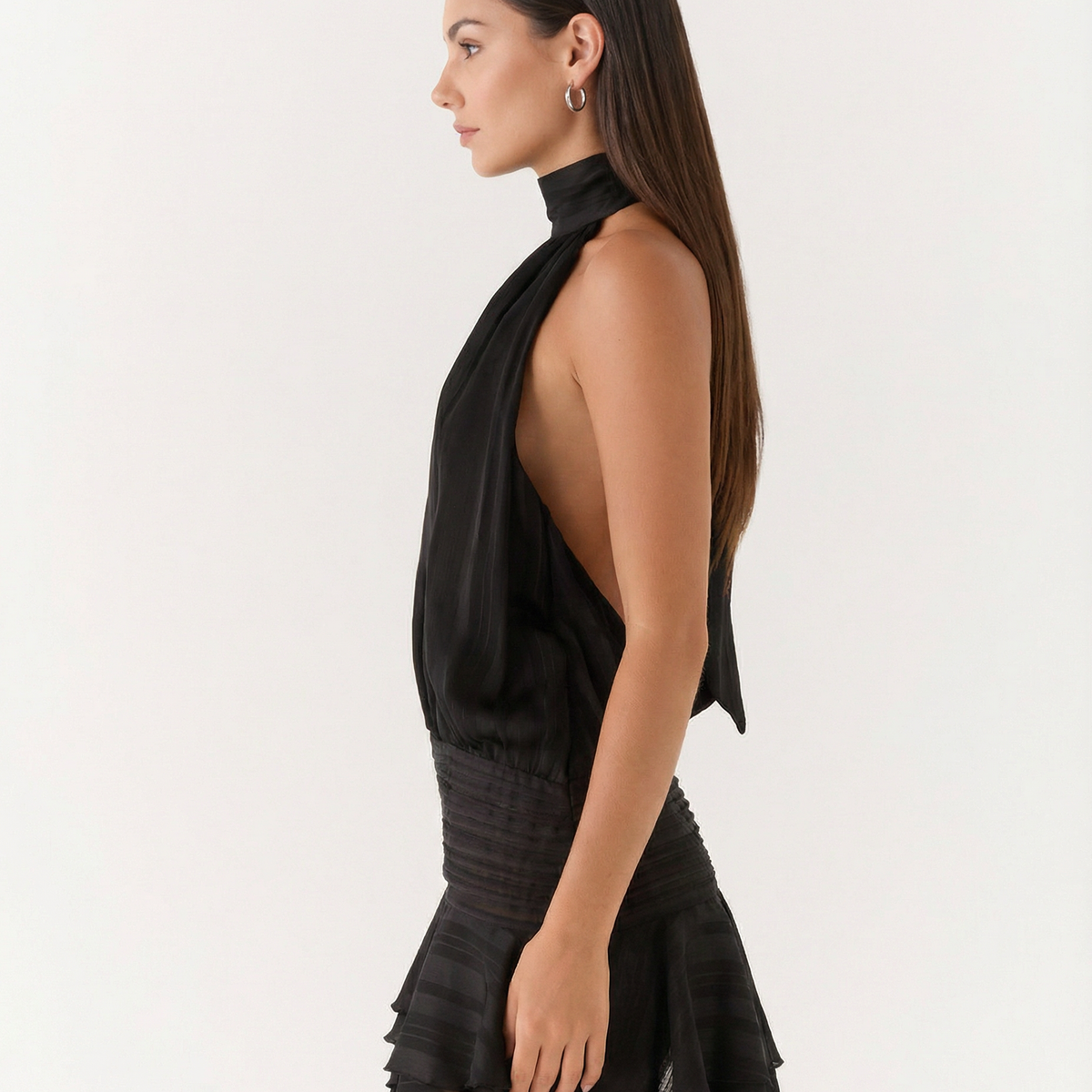 Deborah | Halter Neck Pleated Playsuit with Ruffle Overlay