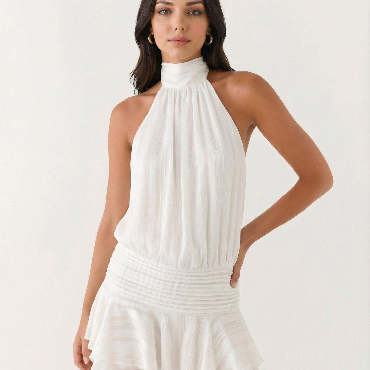 Deborah | Halter Neck Pleated Playsuit with Ruffle Overlay
