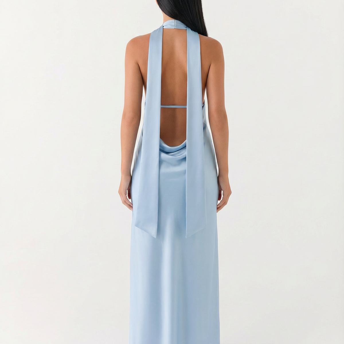 Jayne | Low V Neck Cowl Back Satin Halter Maxi Dress