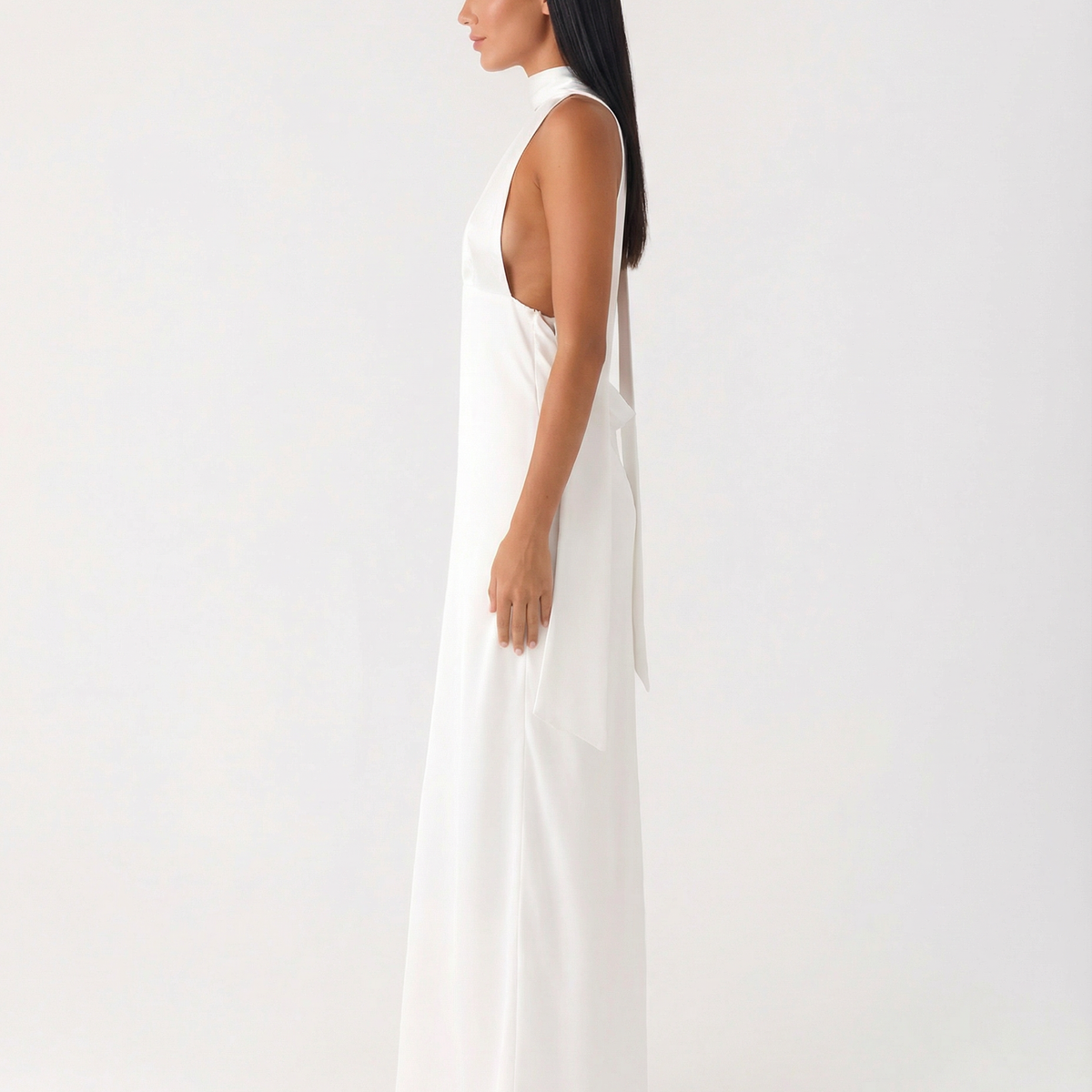 Jayne | Low V Neck Cowl Back Satin Halter Maxi Dress