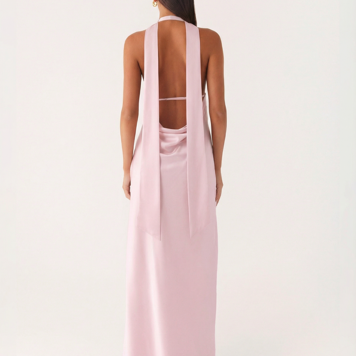 Jayne | Low V Neck Cowl Back Satin Halter Maxi Dress