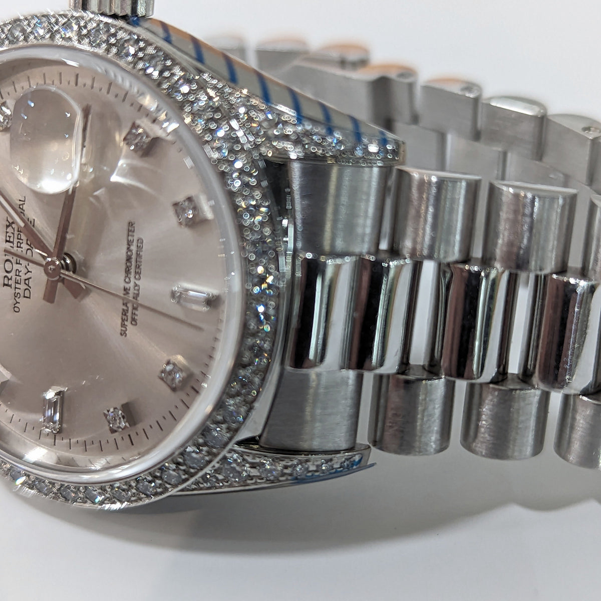 18k W Gold Rolex Day-Date Wristwatch, all factory Diamonds, RARE Ref. 18389