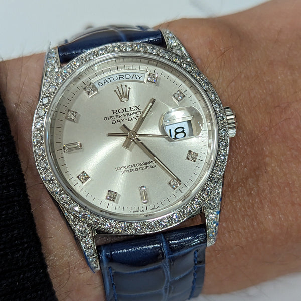 18k W Gold Rolex Day-Date Wristwatch, all factory Diamonds, RARE Ref. 18389