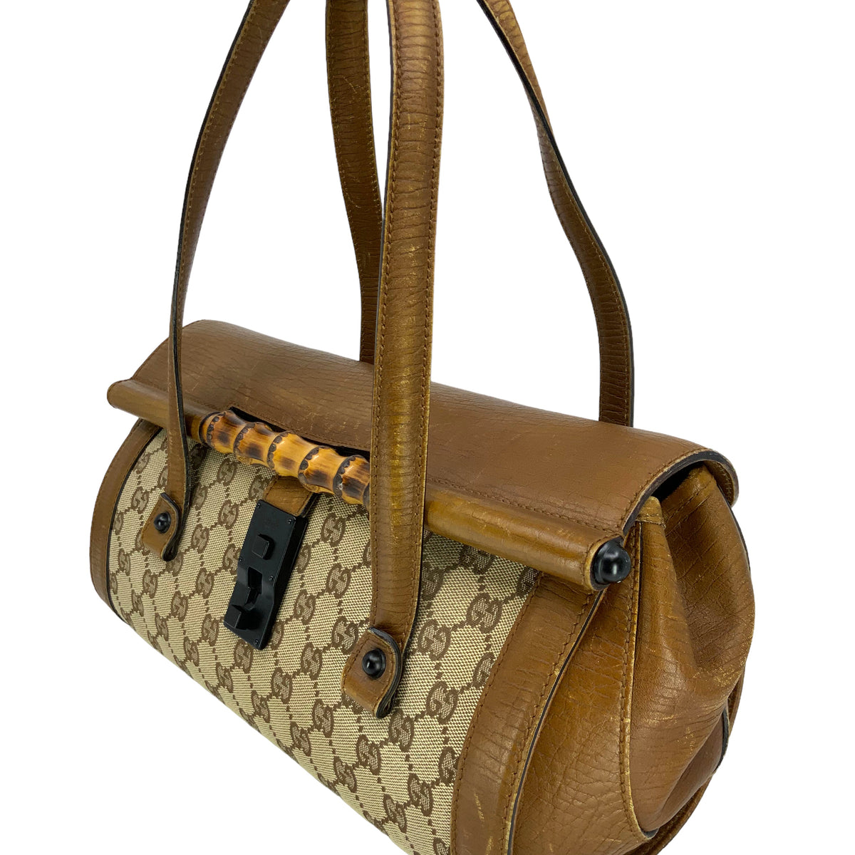 Gucci Monogram GG Canvas Leather Bamboo Bullet Bag
