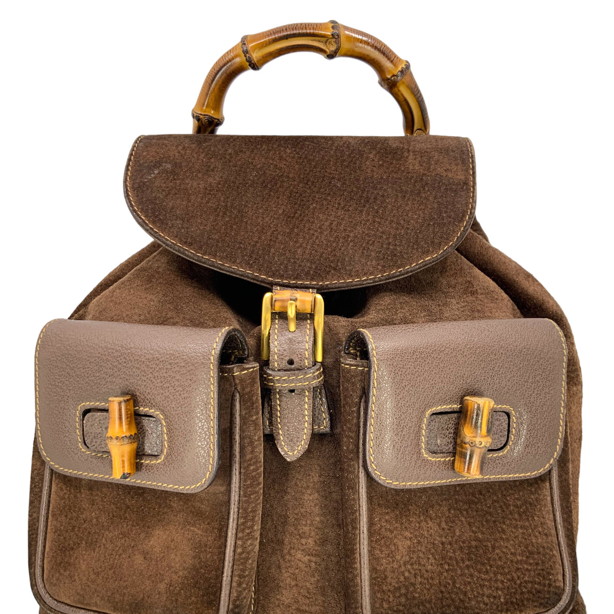 Gucci Vintage Suede Bamboo Drawstring Backpack
