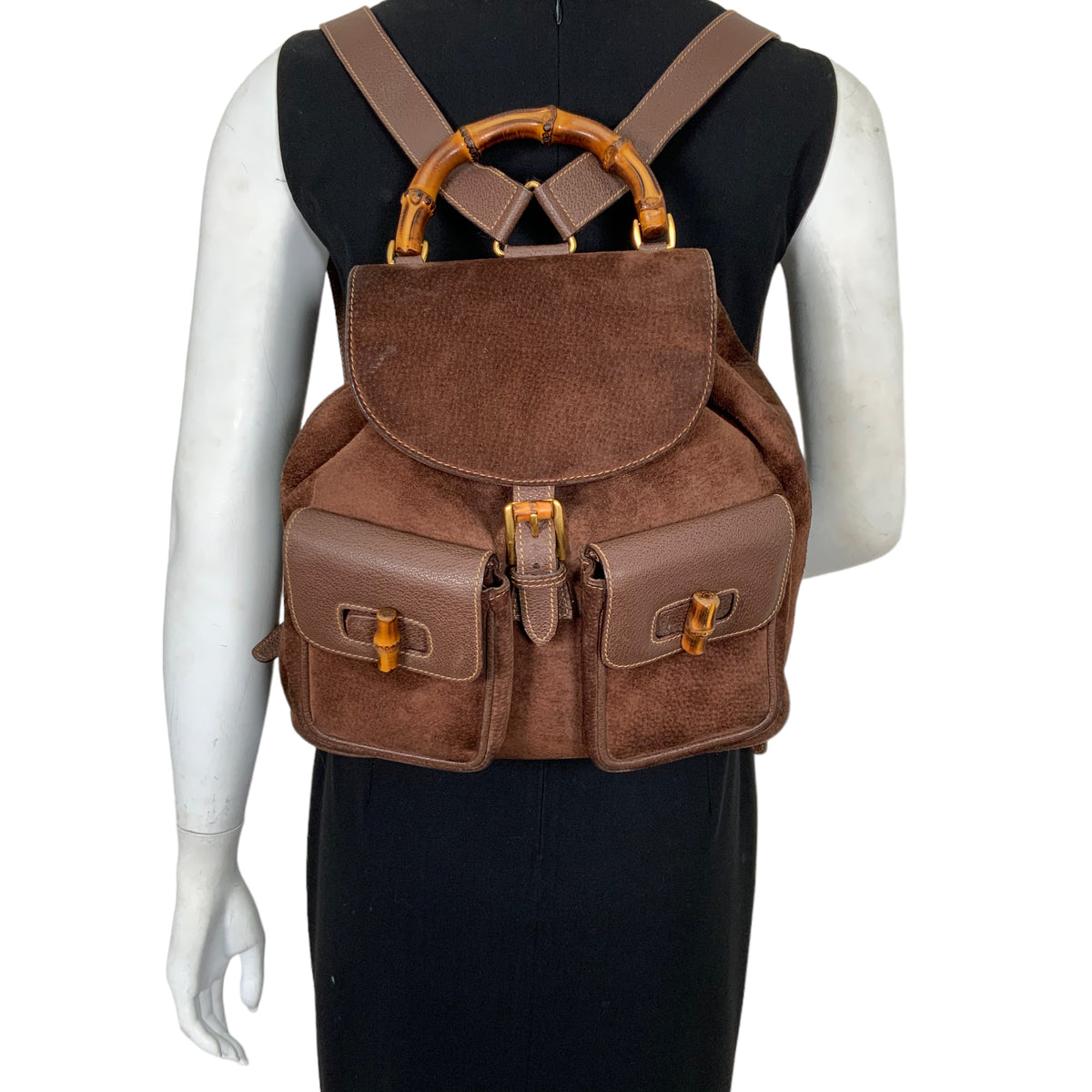 Gucci Vintage Suede Bamboo Drawstring Backpack
