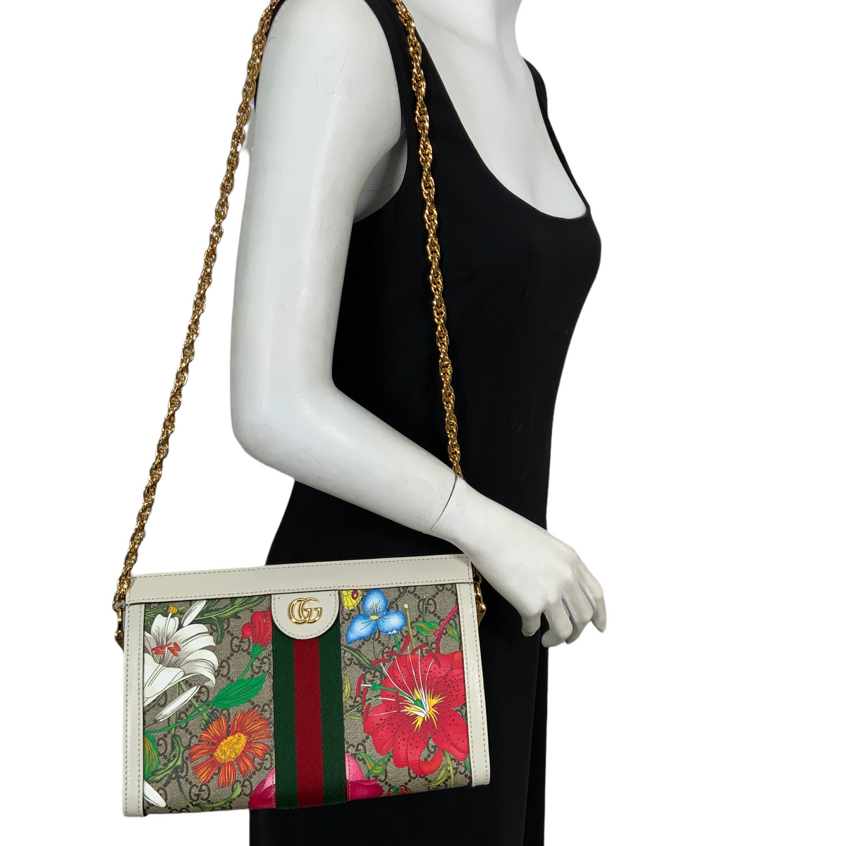 GUCCI GG Supreme Monogram Flora Web Small Ophidia Chain Shoulder Bag NEW