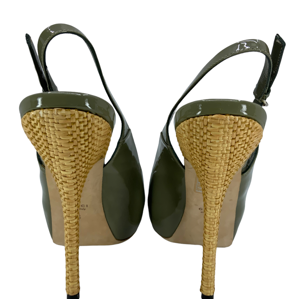 Gucci Patent Leather Sofia Straw Heel Slingback Sandals Size 6