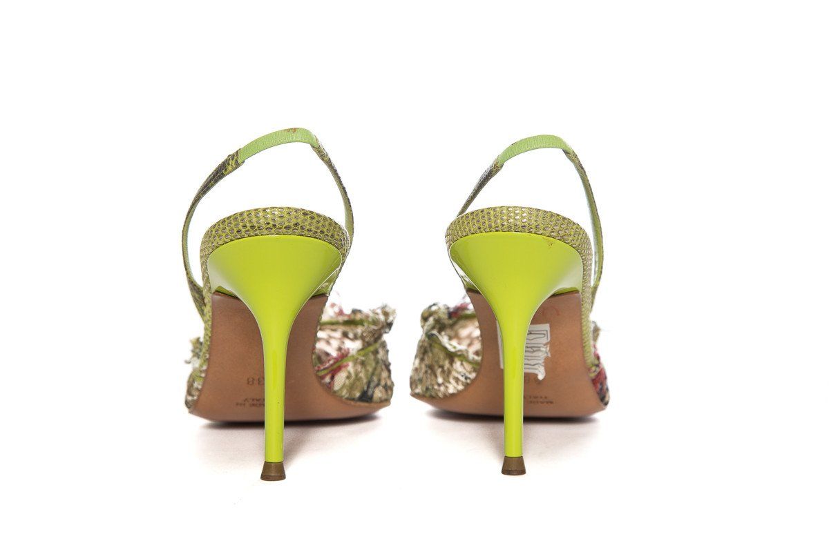 Rene Caovilla Green & Multi Color Lace Slingback Heels SZ 38