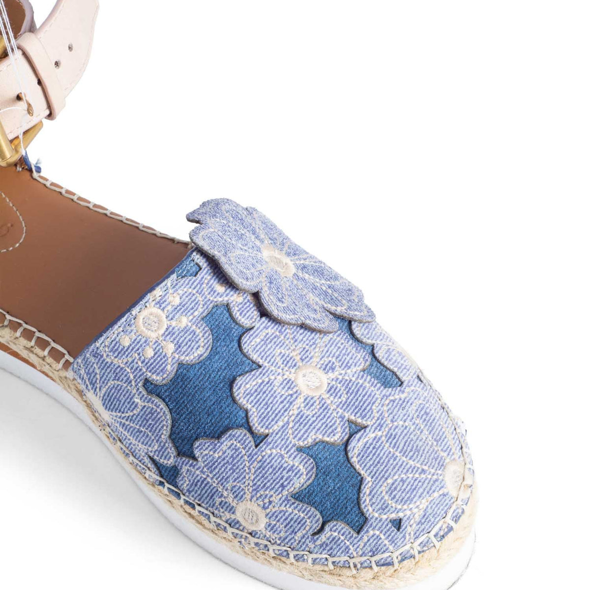 See by Chloe Floral Denim Ankle Strap Espadrilles Platform Sandals Blue