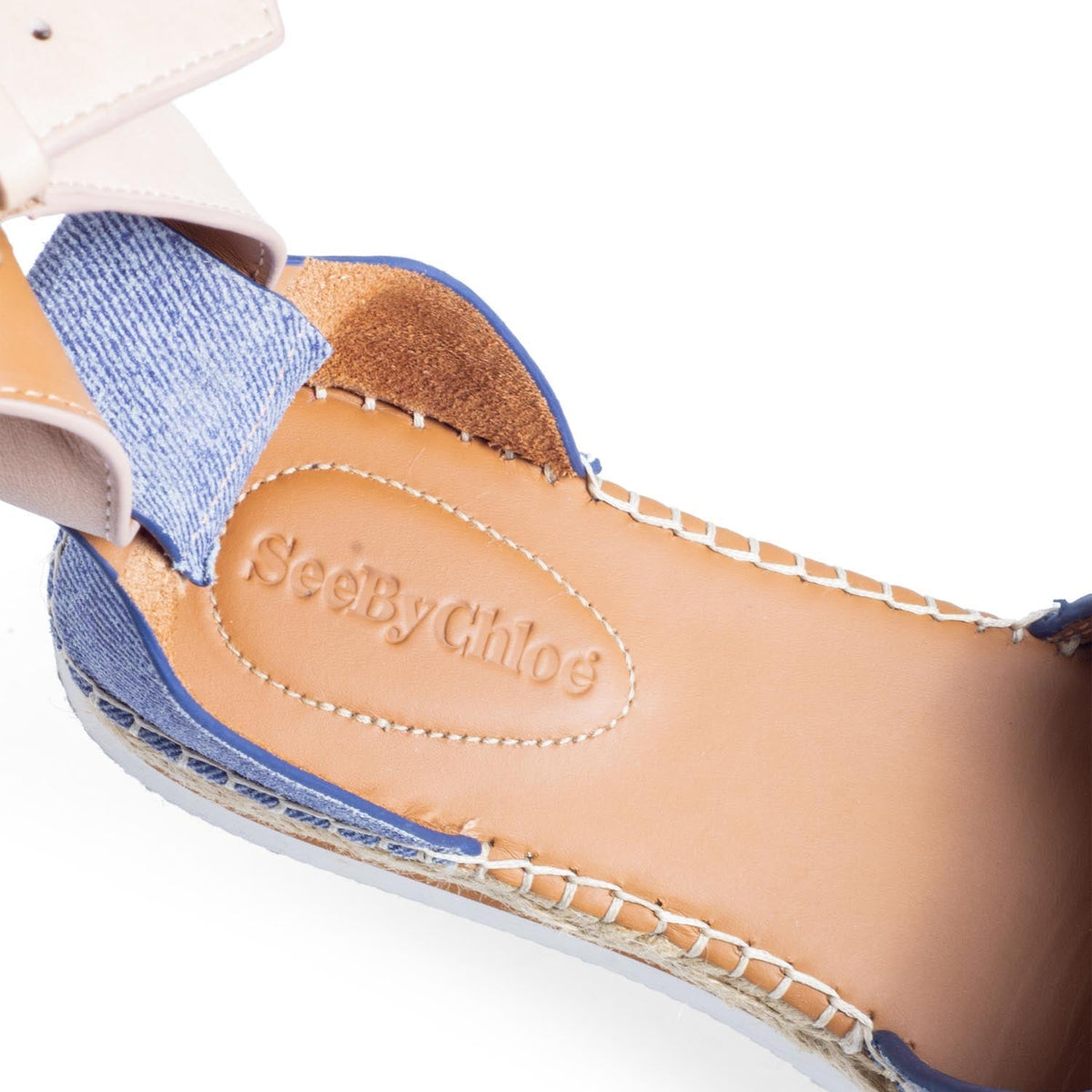 See by Chloe Floral Denim Ankle Strap Espadrilles Platform Sandals Blue