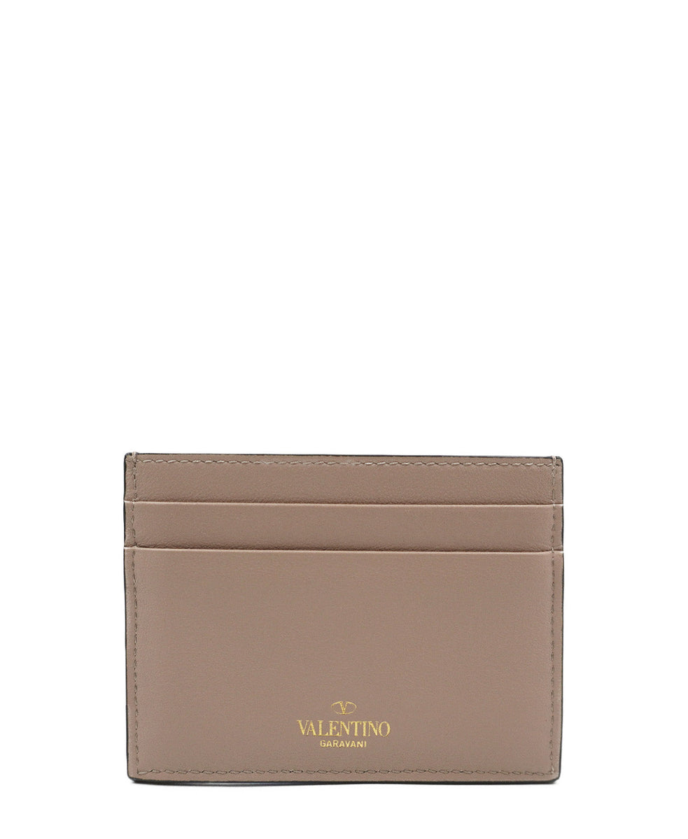 Rockstud Accents Leather Card Holder Cream