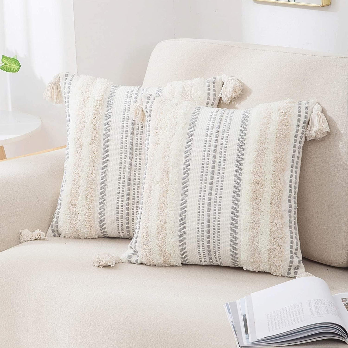 Decorative Boho Throw Pillow Covers 20X20 Set of 2, Accent Neutral Textured Tufted Pillow Covers Striped for Couch Bed Sofa Living Room, Beige and Cream White