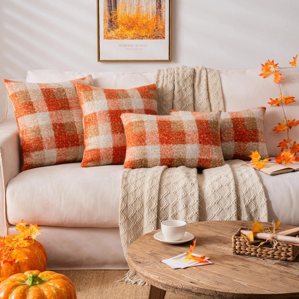 Orange Plaid Fall Throw Pillow Covers Set of 2, Boucle Decorative Pillow Covers,Cozy Fluffy Home Living Room Farmhouse Decor for Sofa Couch Bed