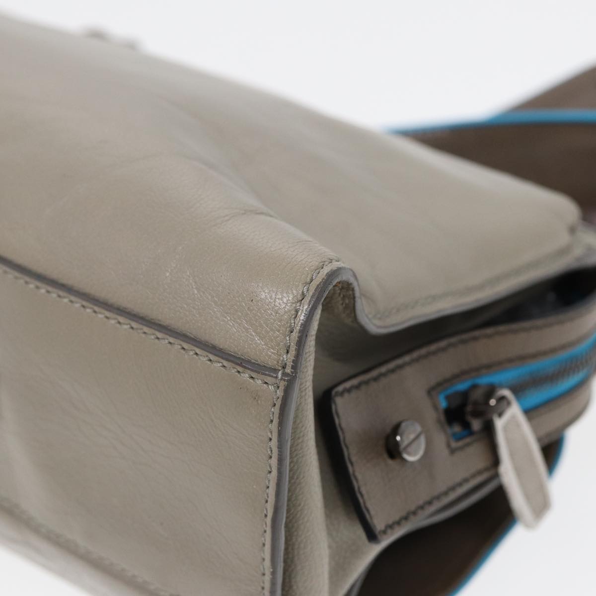 balenciaga Turn Lock Chain Shoulder Bag Leather Beige Gray Silver Auth am6814