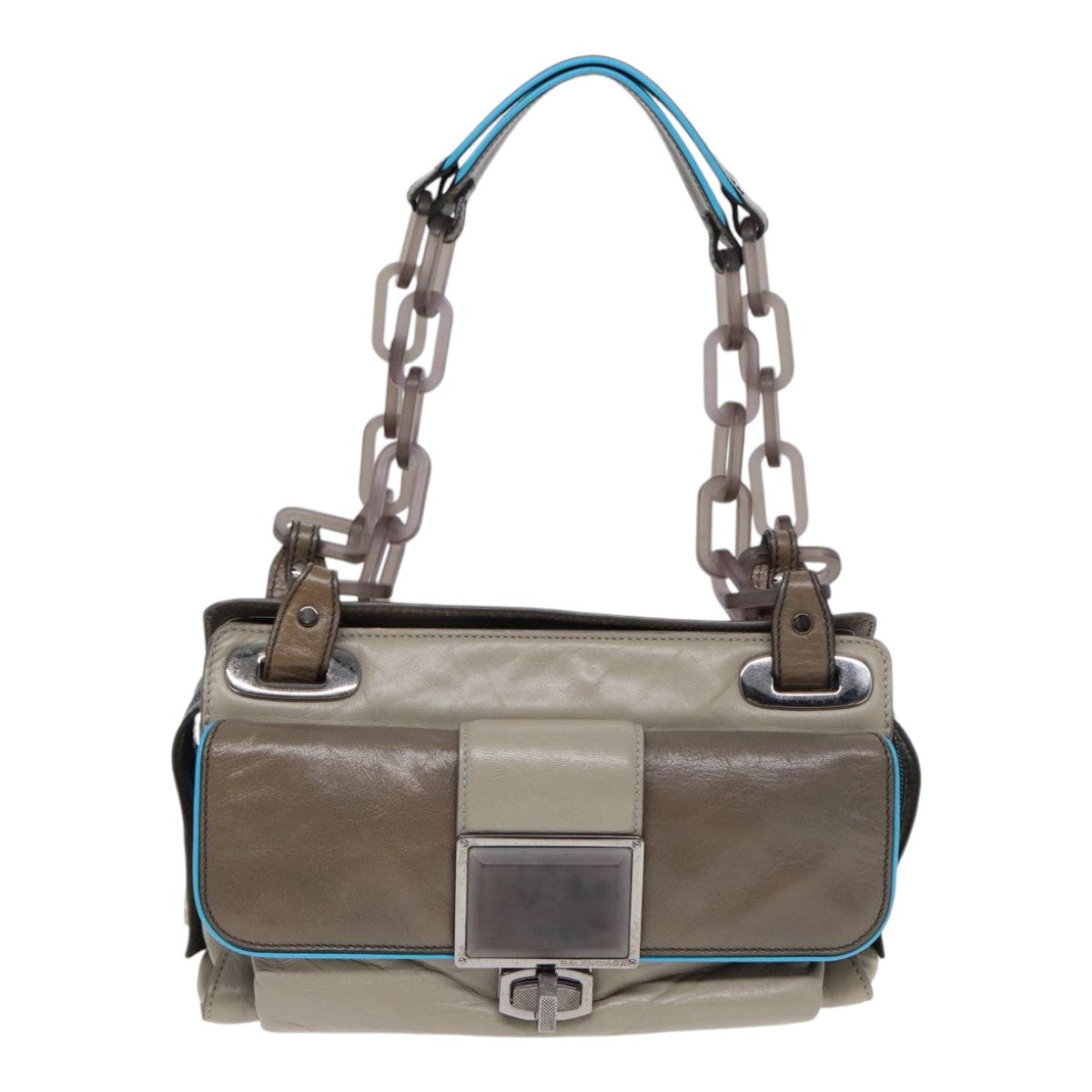 balenciaga Turn Lock Chain Shoulder Bag Leather Beige Gray Silver Auth am6814