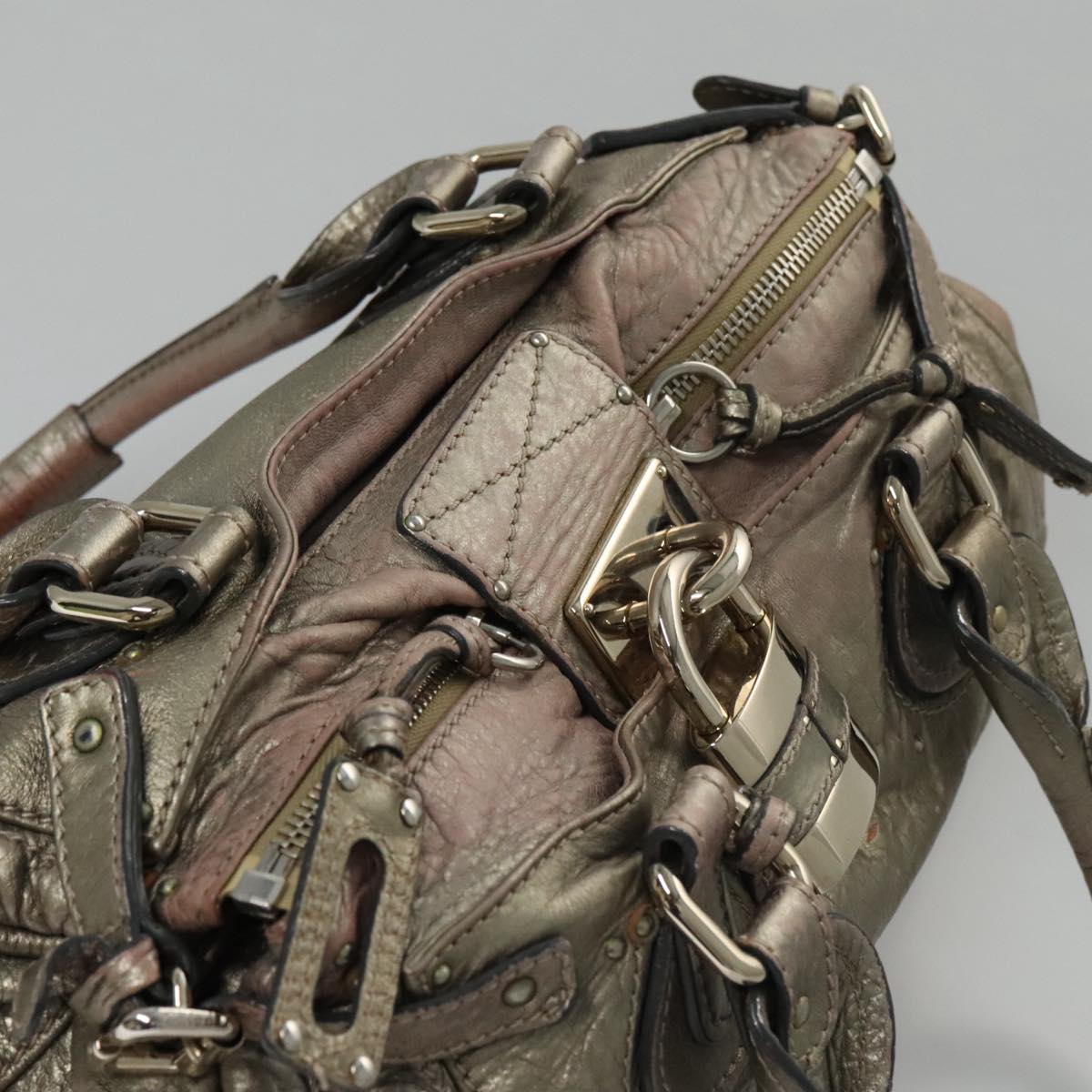 Chloe Paddington Hand Bag Leather Bronze Gold Silver am7387