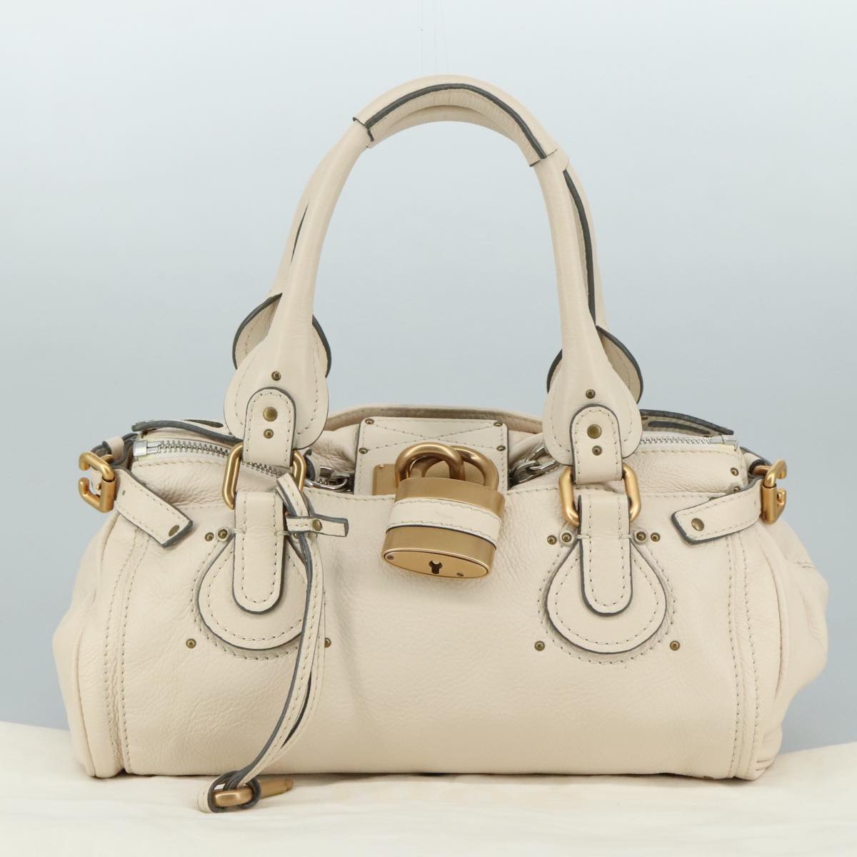 Chloe Paddington Hand Bag Leather White Gold Silver am7419