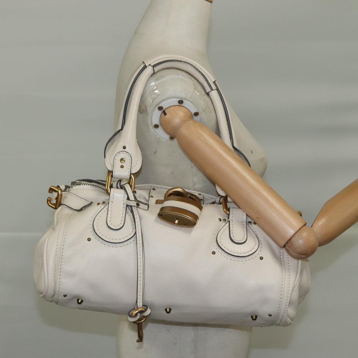 Chloe Paddington Hand Bag Leather White Gold Silver am7419