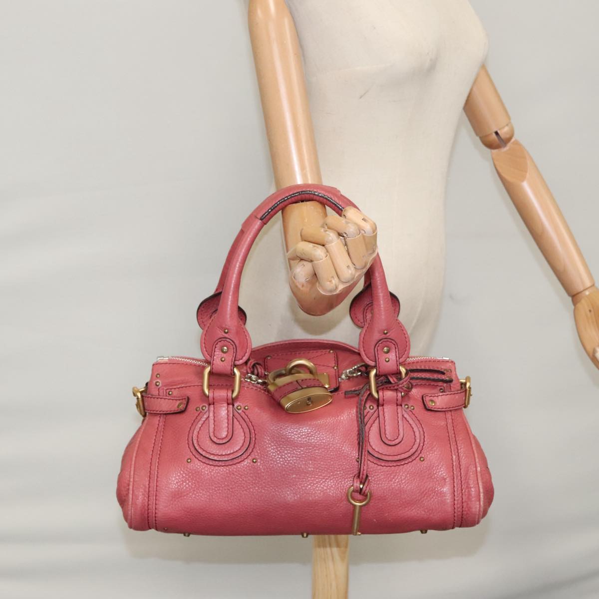 Chloe Paddington Hand Bag Leather Pink Gold Silver am7422