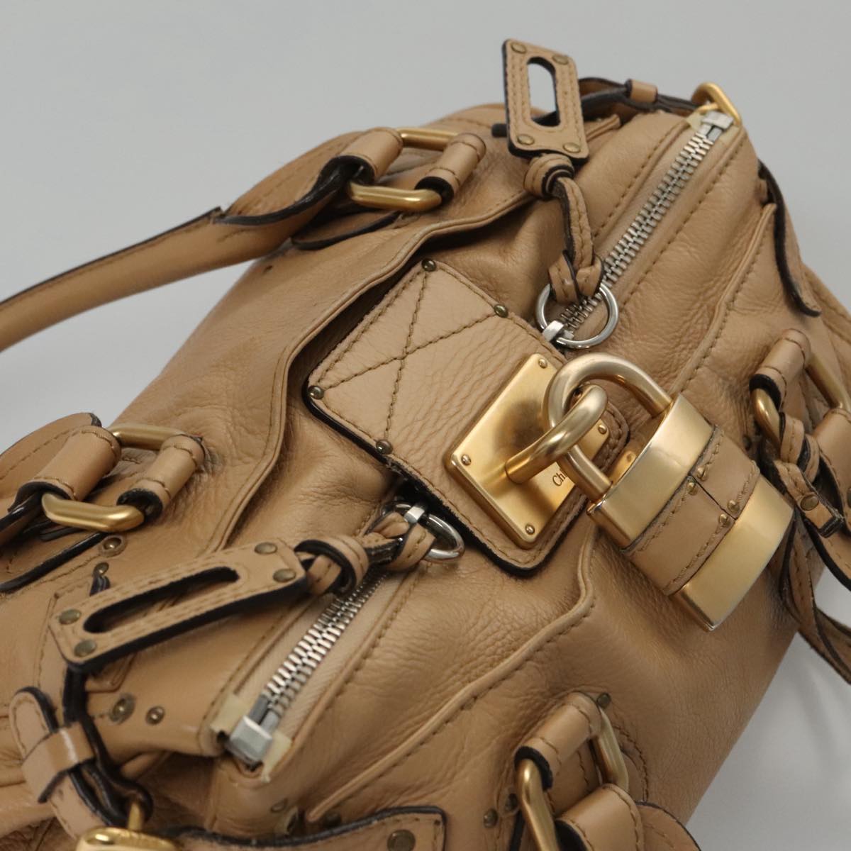 Chloe Paddington Hand Bag Leather Beige Gold Silver am7467