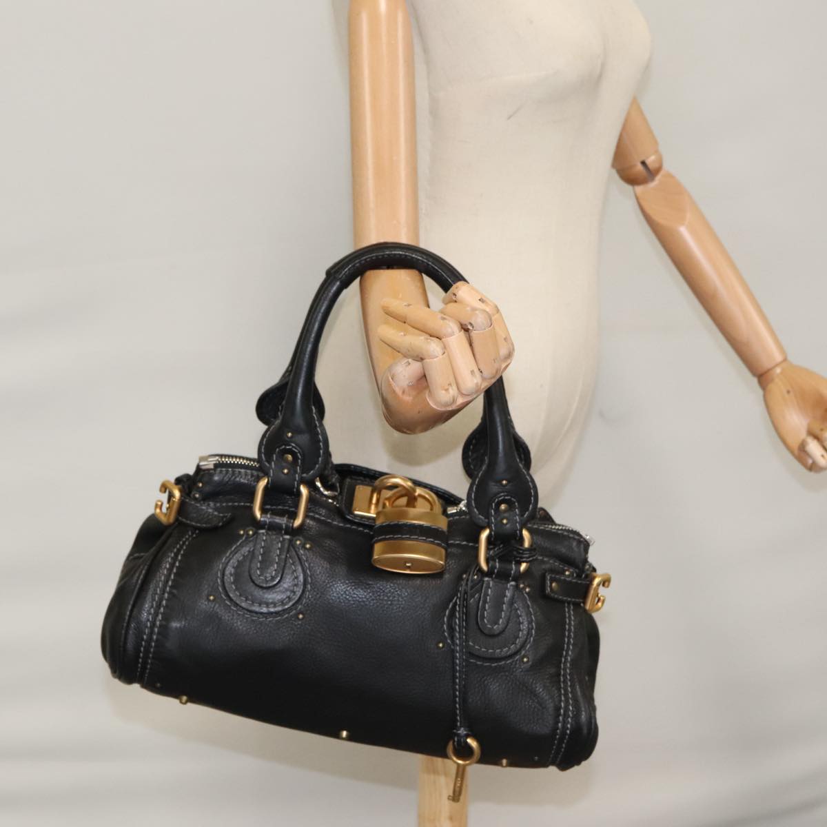Chloe Paddington Hand Bag Leather Black Gold Silver am7478