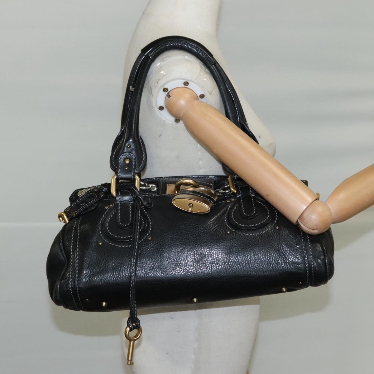 Chloe Paddington Hand Bag Leather Black Gold Silver am7480