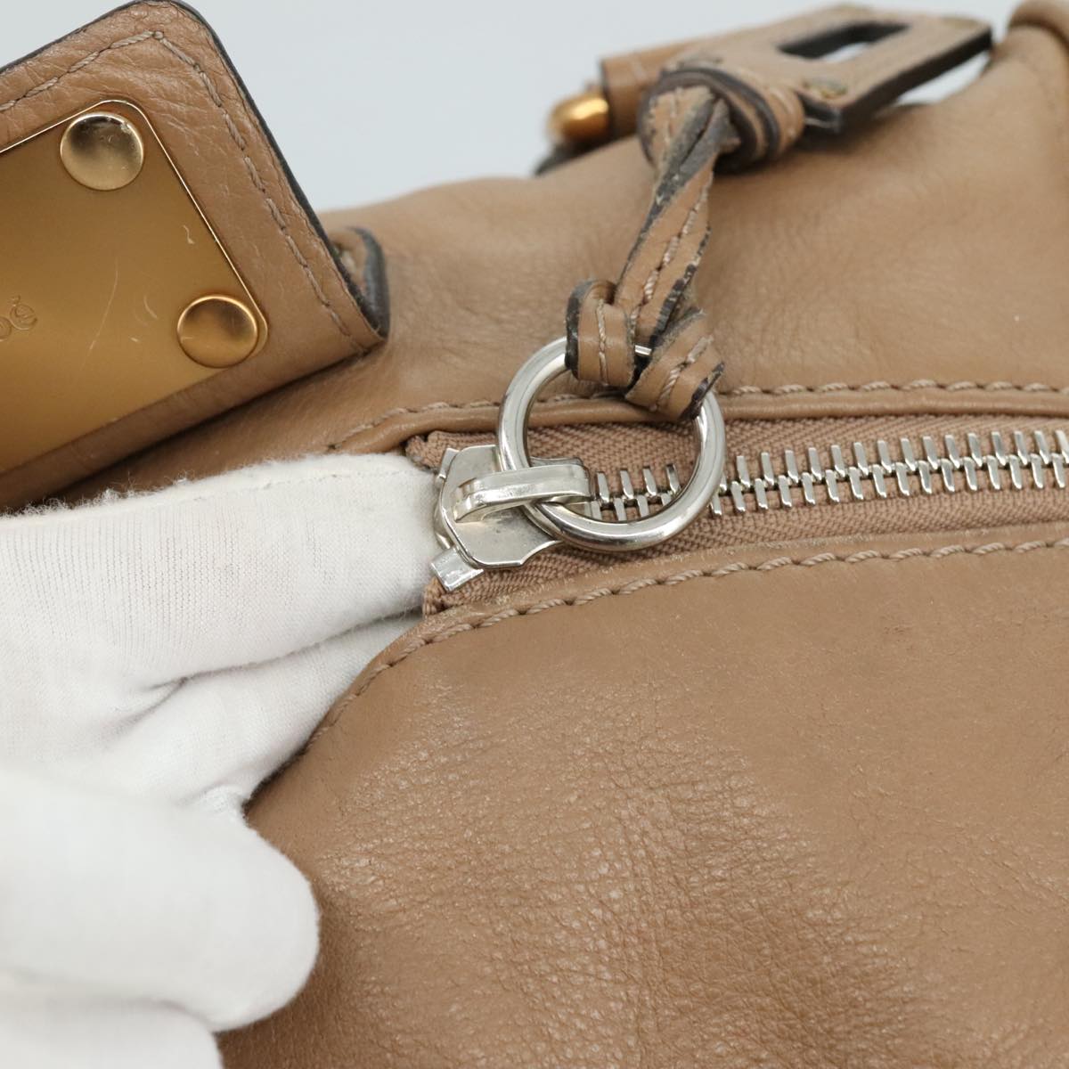 Chloe Paddington Hand Bag Leather Beige Gold Silver am7508