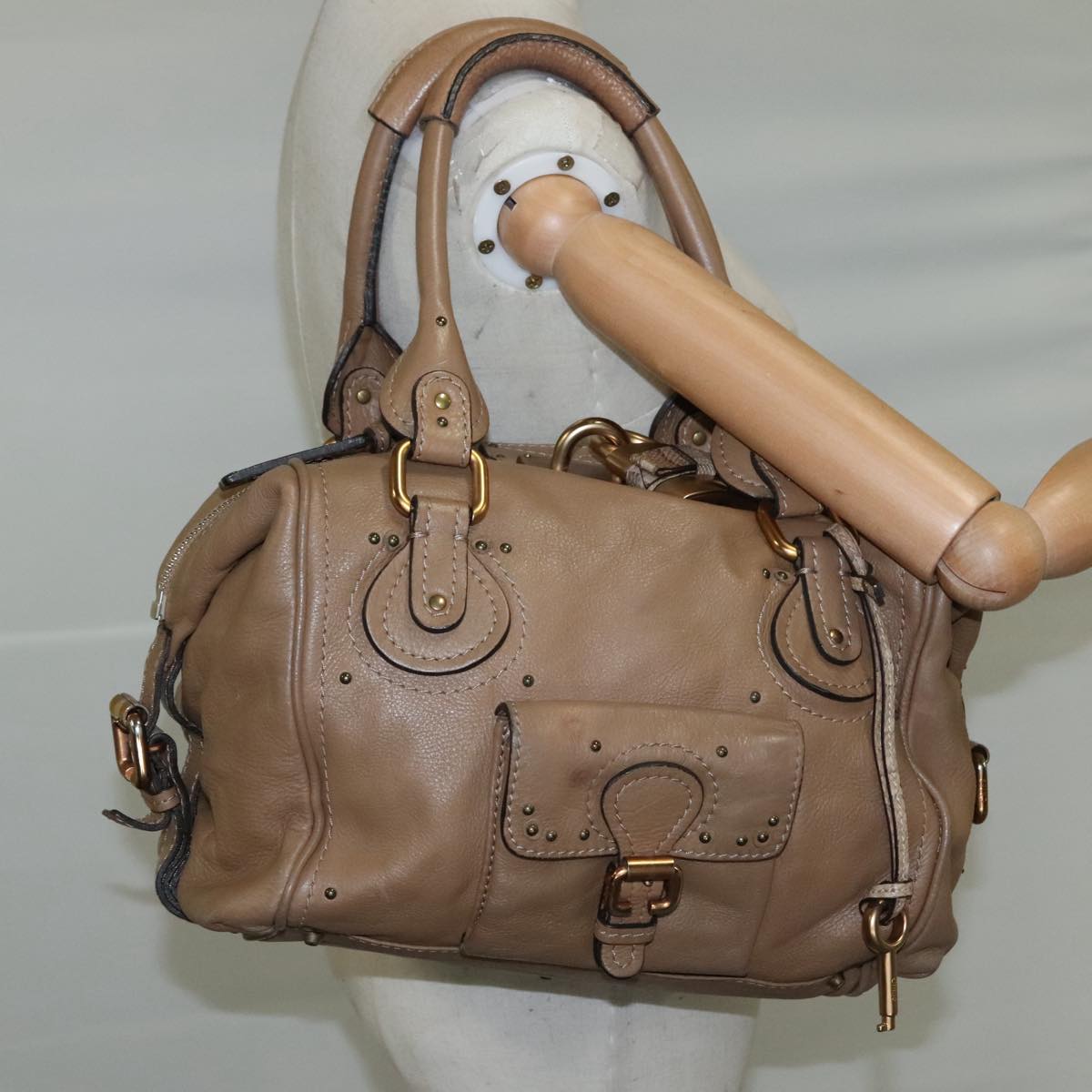 Chloe Paddington Hand Bag Leather Beige Gold Silver am7508