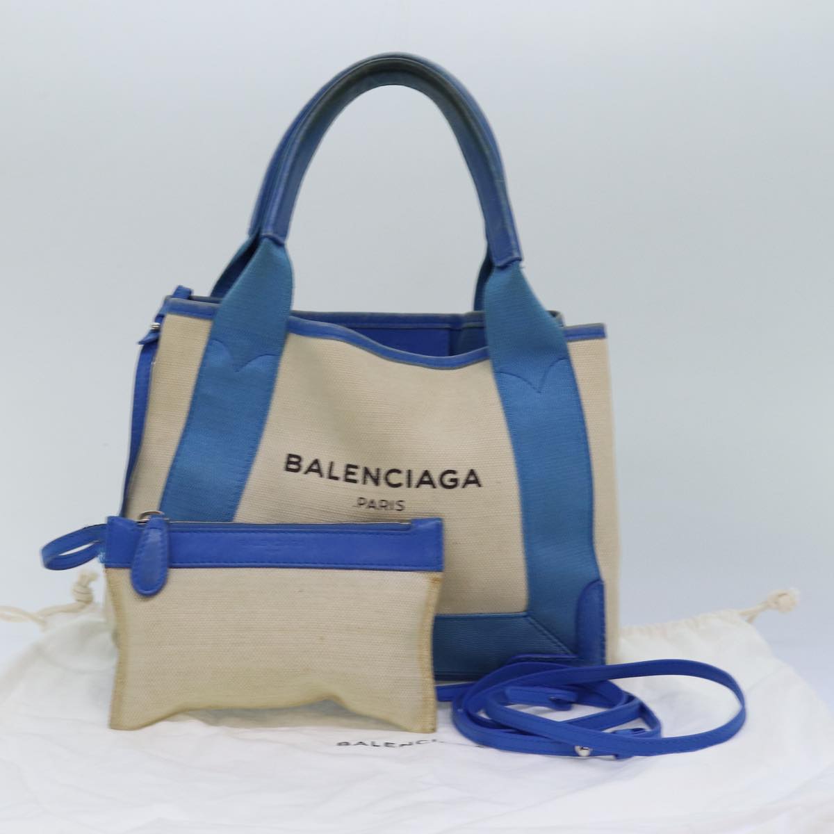 balenciaga Navy Kabas XS Bag Canvas Leather 2way Blue Silver 390346 Auth ar12352
