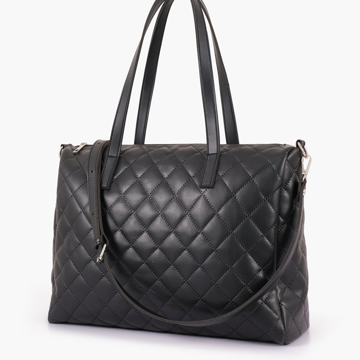 Black quilted carryall tote bag