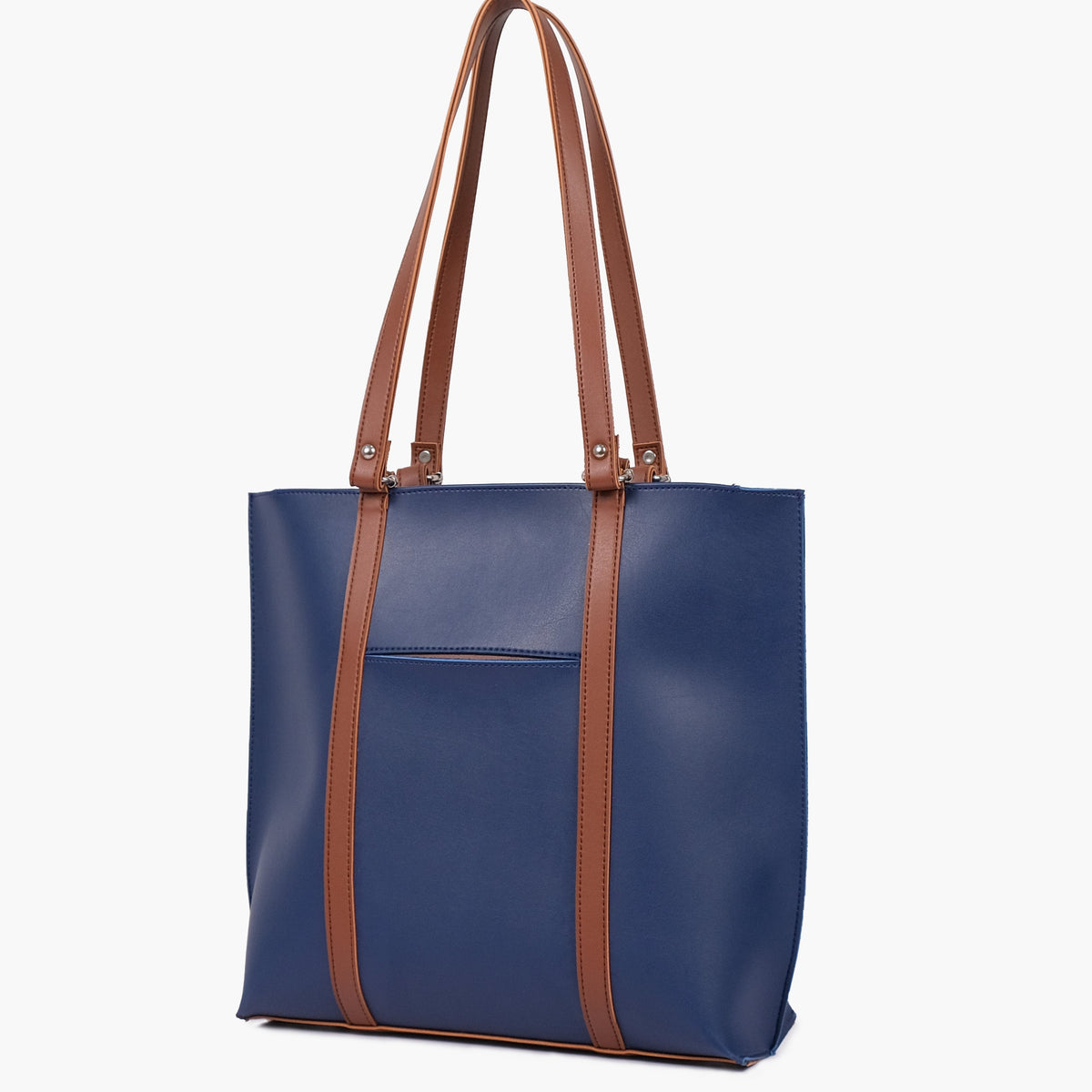 Blue and brown double-handle tote bag