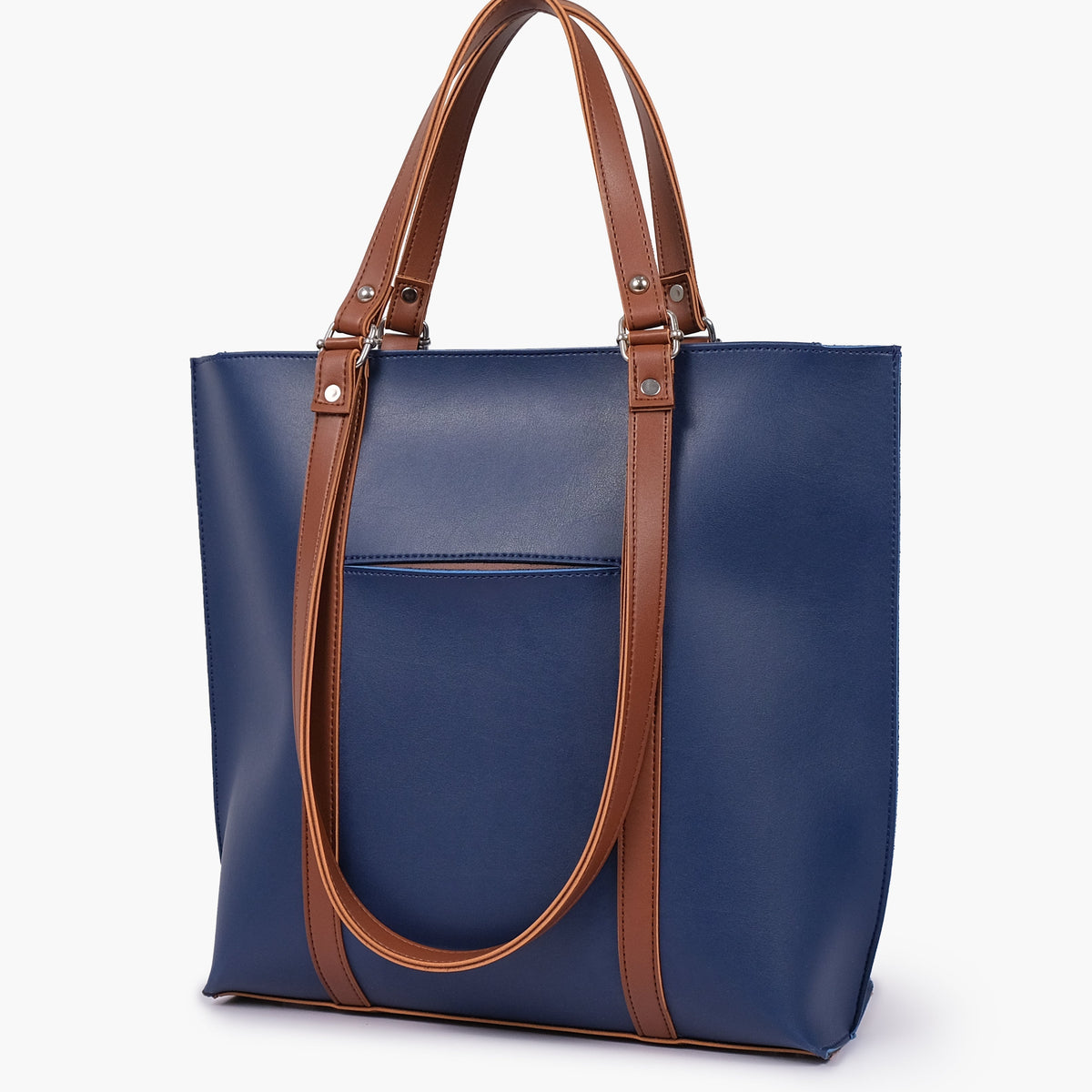 Blue and brown double-handle tote bag
