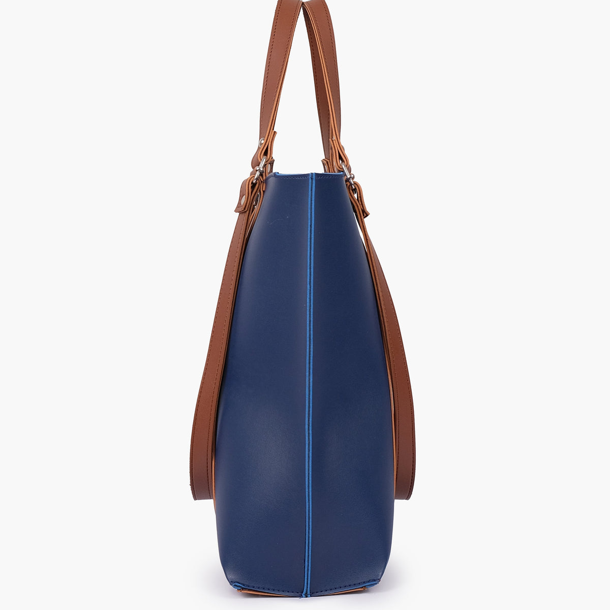 Blue and brown double-handle tote bag