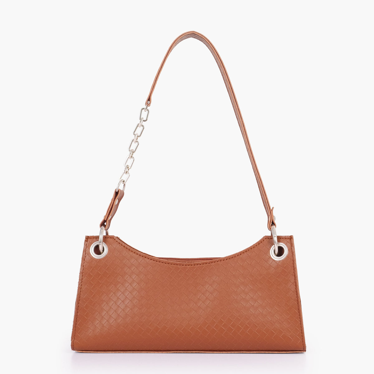 Brown weaved elongated chain handle purse