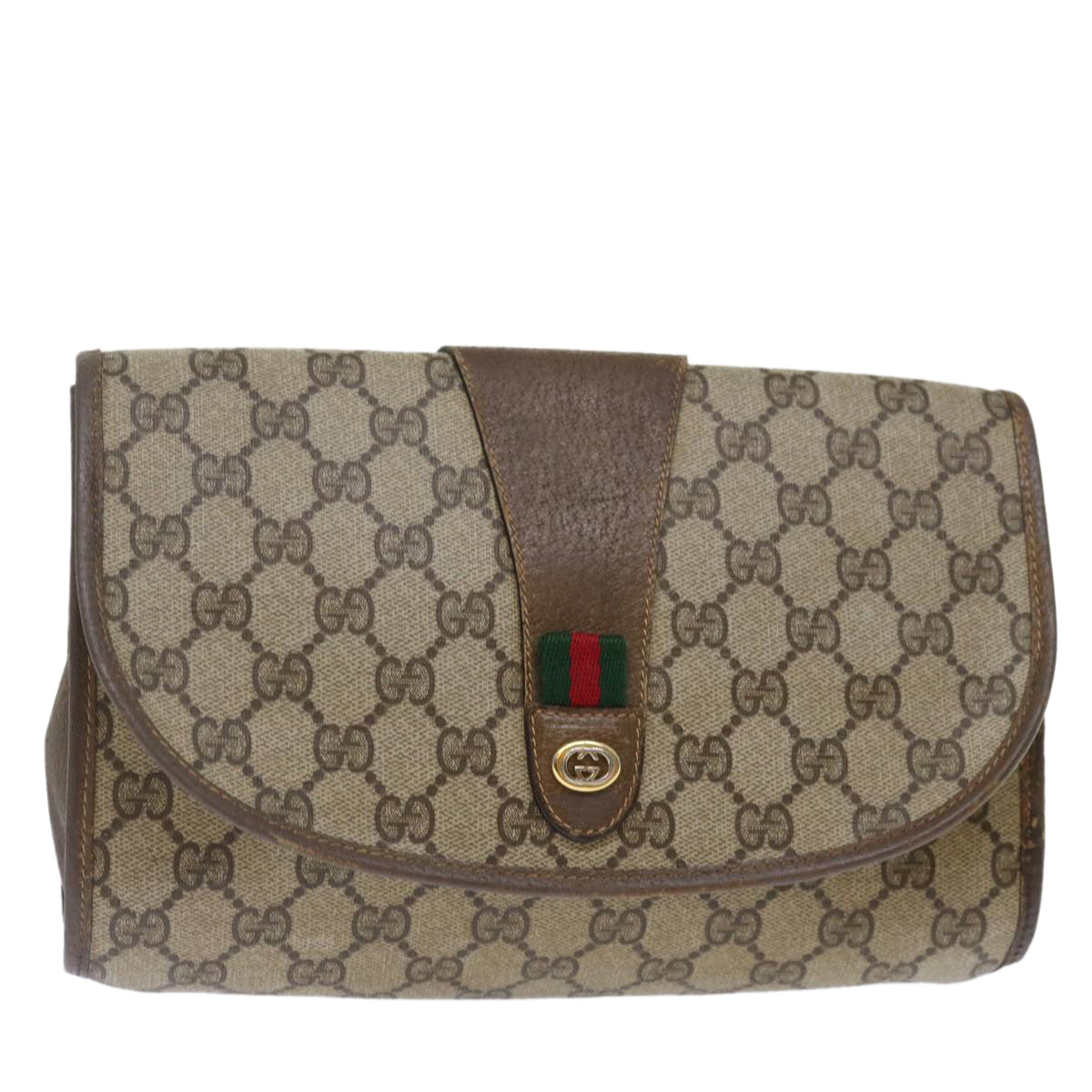 GUCCI GG Supreme Web Sherry Line Clutch Bag Beige Green 89 01 030 Auth bs13591
