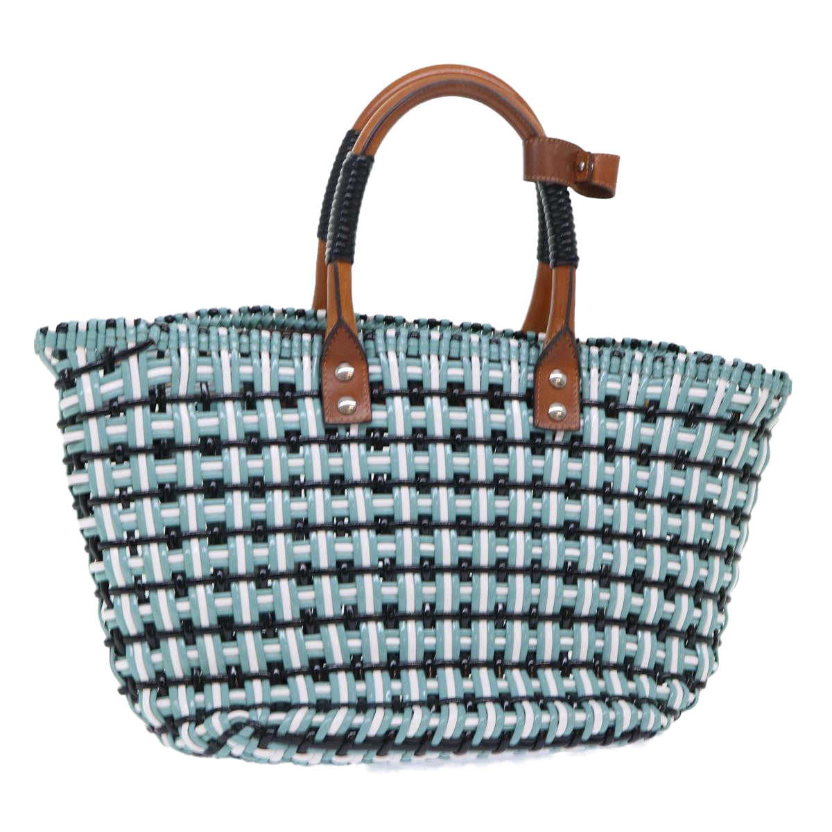 balenciaga Tote Bag Leather Light Blue Black White Auth bs7863